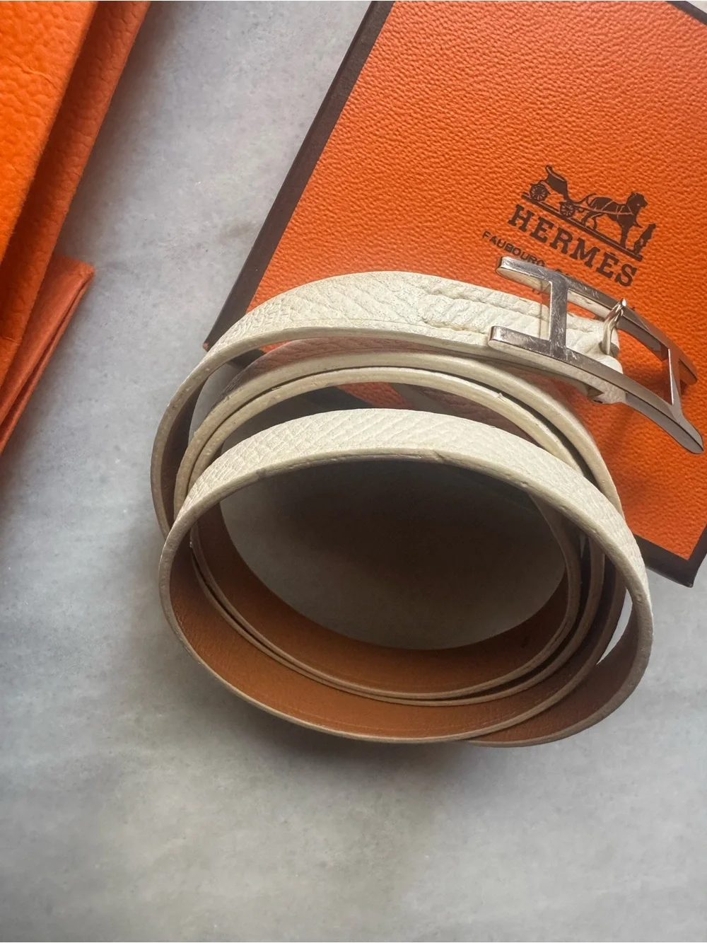 Hermes White Leather Double Tour Bracelet with Silver Buckle